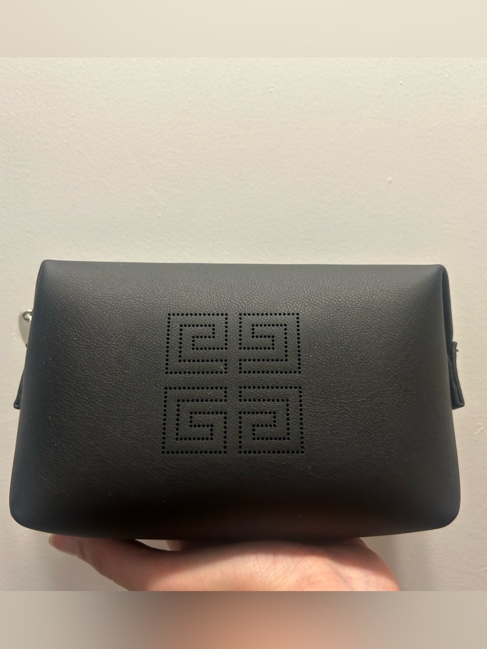 Givenchy Black Leather Zip Pouch with Silver Logo Charm New in Box
